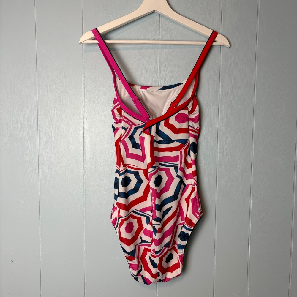 Lands' End Pink Red Navy Umbrella Print One Piece Swimsuit Size 6 Crossback - Picture 4 of 9